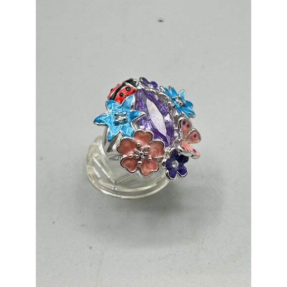 Enamel Flowers & Butterfly Ring Size 7 Silver Tone Cocktail Ring Summer Colorful - Picture 2 of 9